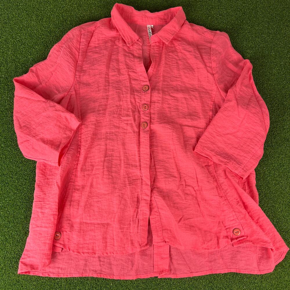 Lulu-B Pink Crinkle Gauze 3/4 Sleeve Tunic Button Up Top XL